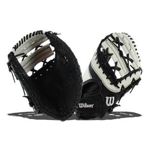 Front view of a black and white baseball glove with a Wilson logo and W emblem.