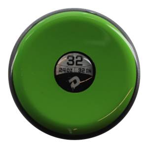 Top-down view of a green baseball bat with a circular black end cap showing 32, 24 OZ, 32 IN, and a DeMarini logo.