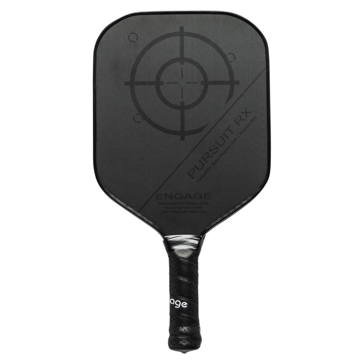 Front view of a black pickleball paddle with a target design, PURSUIT RX, and ENGAGE text.