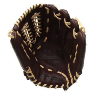 Top-down view of a brown baseball glove with tan lacing and Franchise and Mizuno branding.