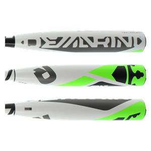 Top-down view of a white baseball bat with black and green DeMarini branding and a balanced label.