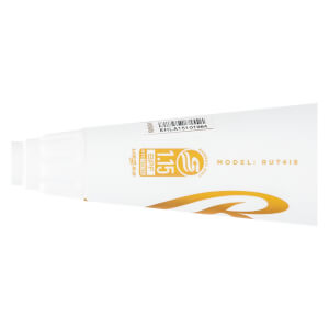 Close-up of a white baseball bat barrel with a gold USSSA 1.15 BPF stamp, gold logo, and MODEL: RUT4I8 text.