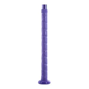 Bottom view of a purple softball bat with a textured grip and a flared knob.