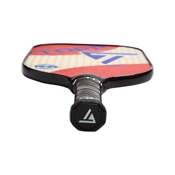 Top-down view of a red and white pickleball paddle with a black grip and a triangular logo.