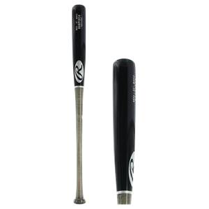 Side view of a black baseball bat with white Rawlings logo and HARPER34 text.