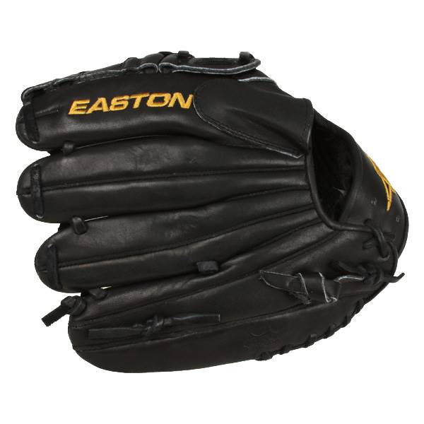 Side view of a black baseball glove with gold Easton branding and stitched finger stalls.
