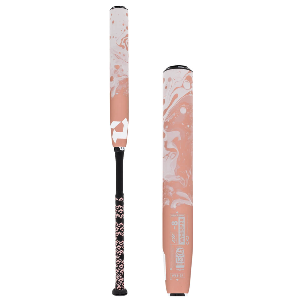Side view of a peach and white marbled fastpitch softball bat with a black grip, peach leopard print, and WHISPER -8 text.