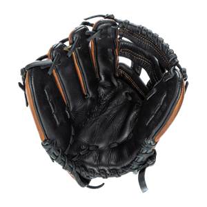 Top-down view of a black baseball glove with tan accents and visible lacing.