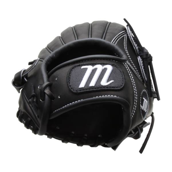 Front view of a black baseball glove with white stitching and a white m logo.