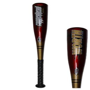 Front view of a red and gold baseball bat with Copperhead text and black grip.