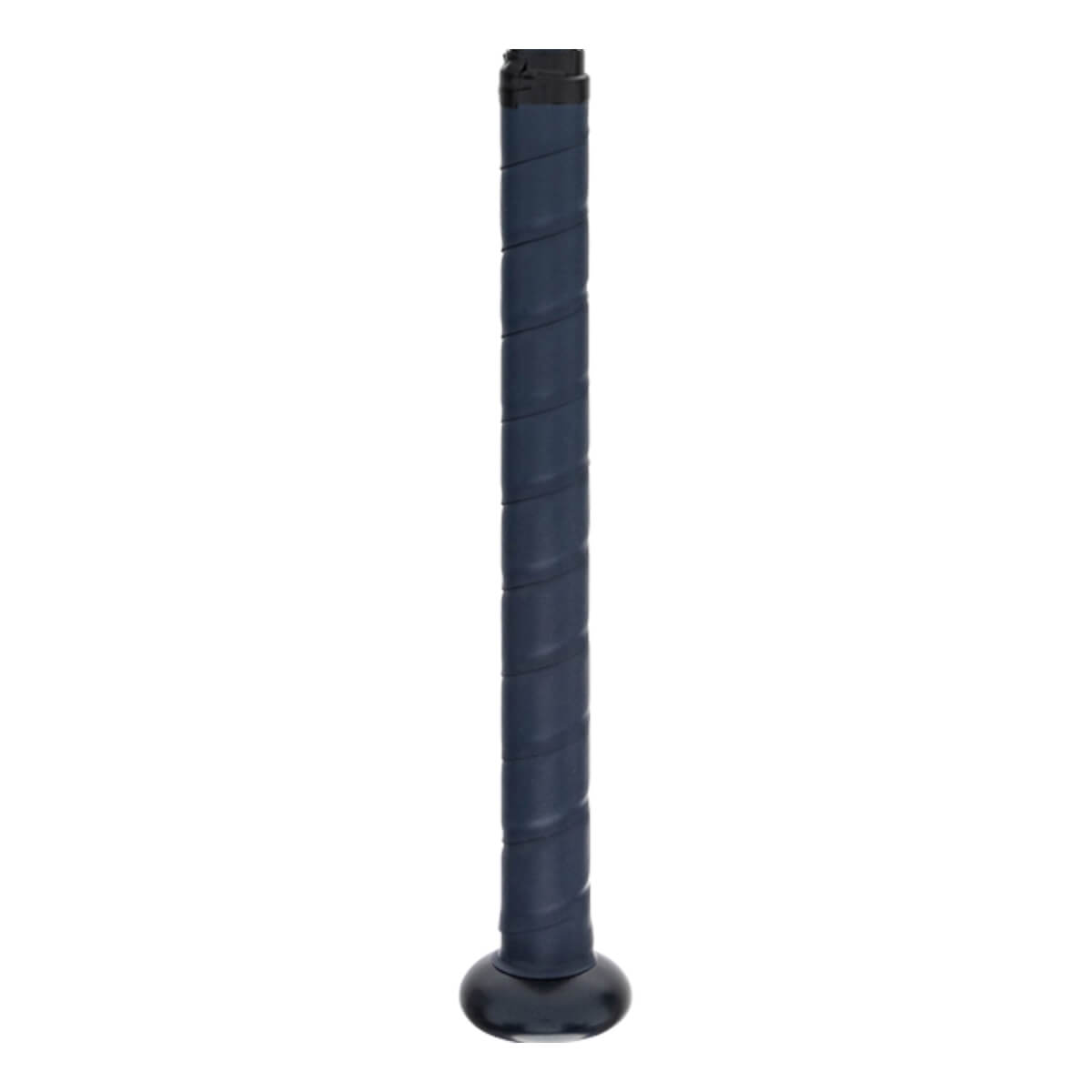 Close-up of a dark blue fastpitch softball bat grip with a black end cap.