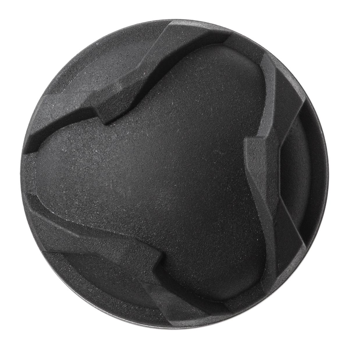 Top-down view of a black baseball bat end cap with a textured, multi-faceted design.