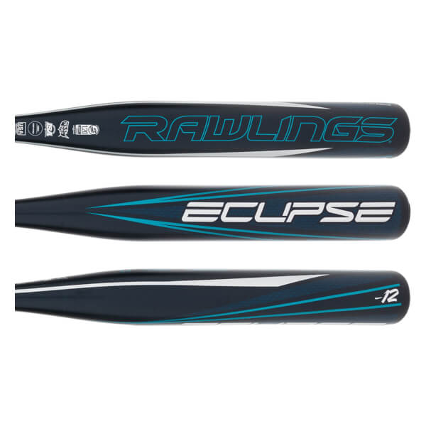 Top-down view of a dark blue fastpitch softball bat with RAWLINGS and ECLIPSE text and -12 marking.