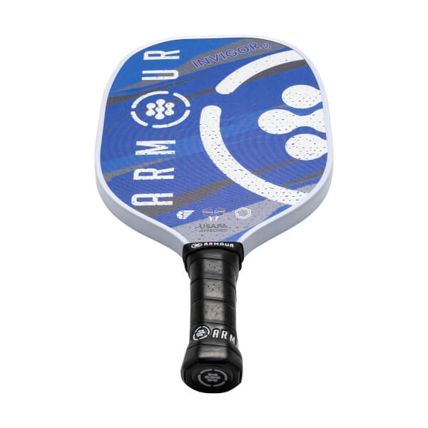 Top-down view of a blue and white pickleball paddle with ARMOUR and INVIGOR 8 text and a black grip.