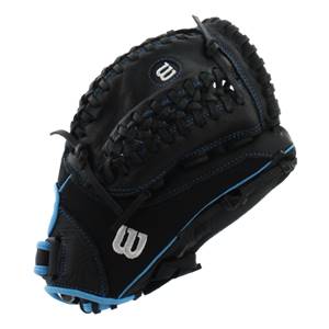 Corner view of a black fastpitch glove with blue stitching and white Wilson logos.