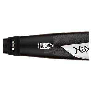 Side view of a black baseball bat with a black grip, NOX logo, and 1.15 BPF marking.
