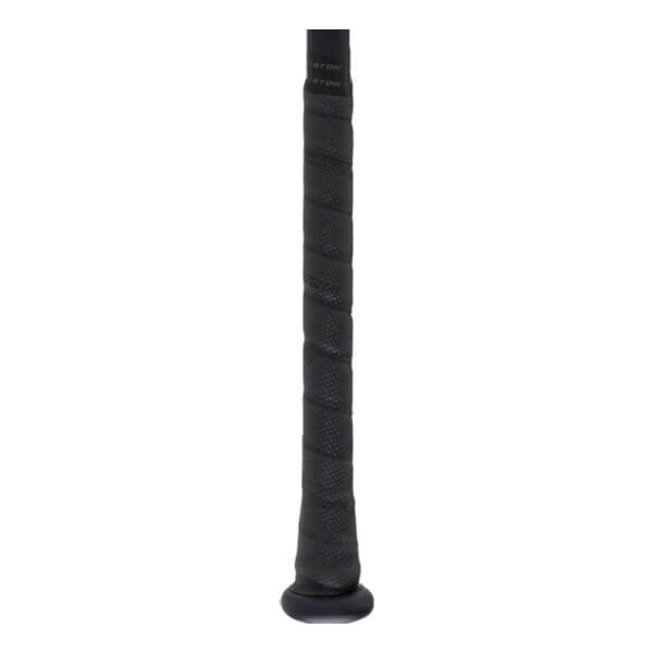 Close-up of a black baseball bat grip with Easton branding.