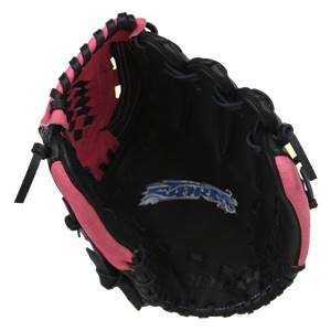 Interior view of a black youth baseball glove with pink accents and a blue Storm logo.