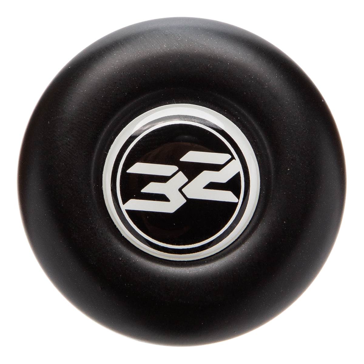 Top-down view of a black baseball bat end cap with a white 32 logo.