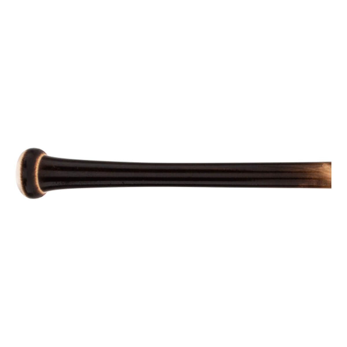Side view of a dark brown baseball bat with a light-colored knob and a tapered barrel.