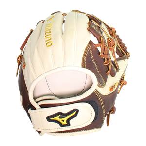 Back view of a white and brown softball glove with MIZUNO text and a yellow logo.