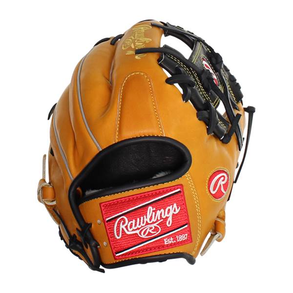 Front view of a tan baseball glove with black lacing and a red Rawlings patch.