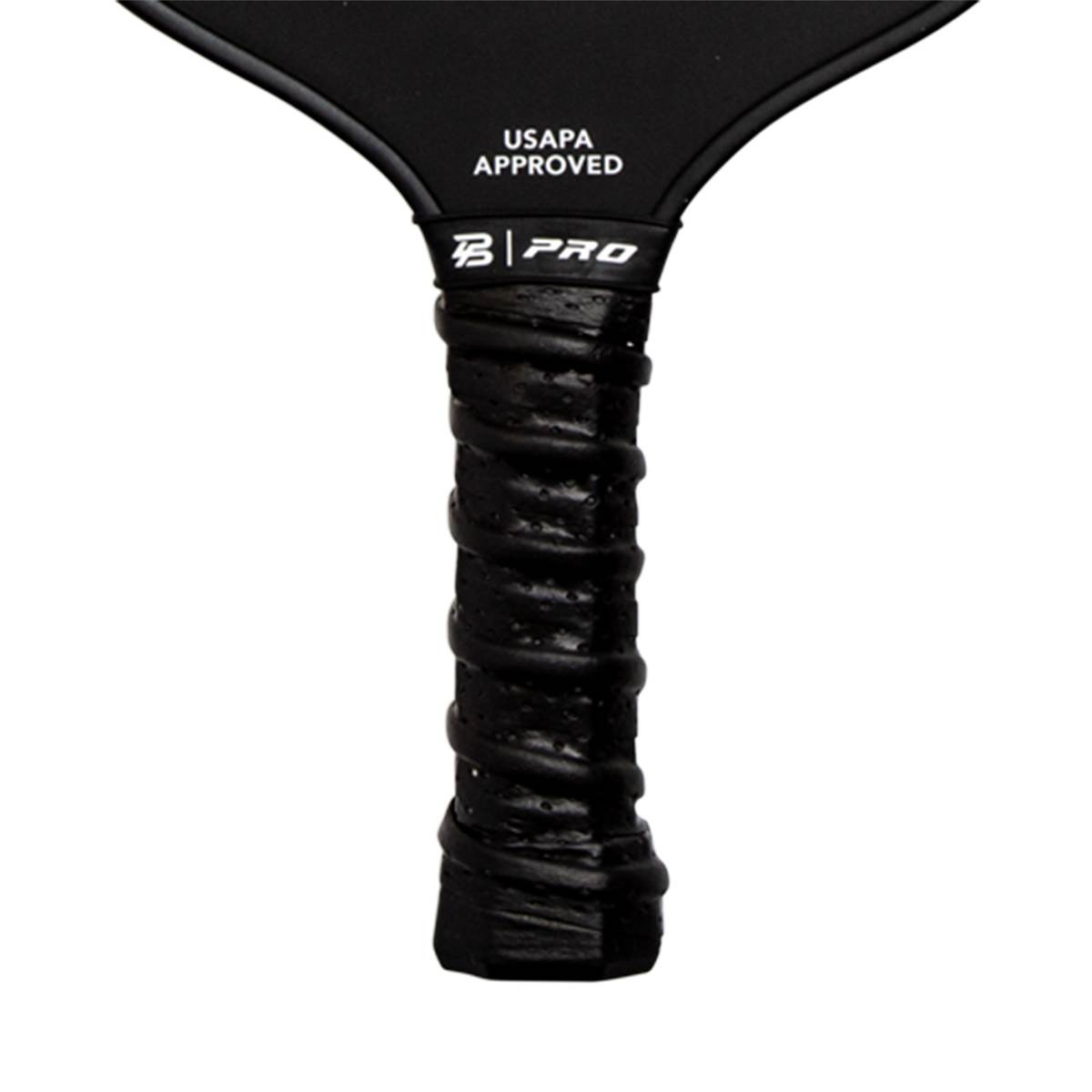 Close-up of a black pickleball paddle grip with B | PRO logo and USAPA APPROVED text.