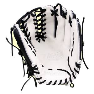 Interior view of a white baseball glove with black lacing and a yellow interior lining.