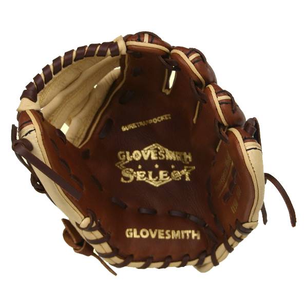Interior view of a brown baseball glove with gold GloveSmith Select branding and SureTrap Pocket text.