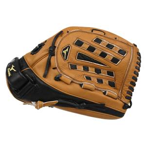 Side view of a tan and black fastpitch glove with a Mizuno logo and black lacing.