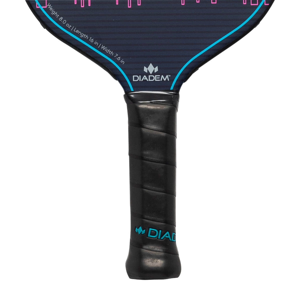 Top-down view of a navy pickleball paddle with a black grip, Diadem logo, and blue trim.