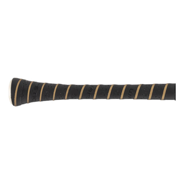 Close-up side view of a black bat handle with tan spiral stripes, perforations, white end cap, and WARSTIC text.