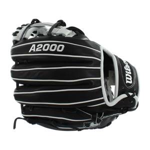 Side view of a black baseball glove with white stitching and A2000 and Wilson branding.