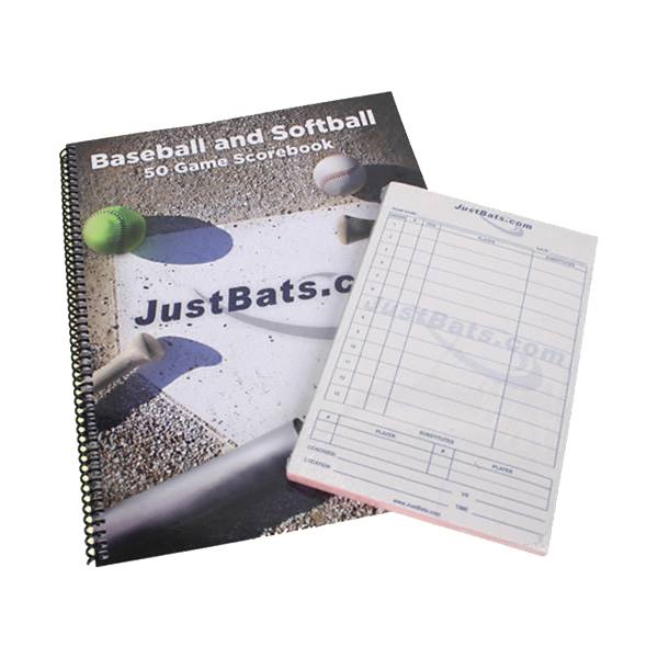 Top-down view of a baseball and softball scorebook and notepad with JustBats.com branding.