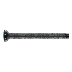 Side view of a black baseball bat with a textured grip and a green end cap.