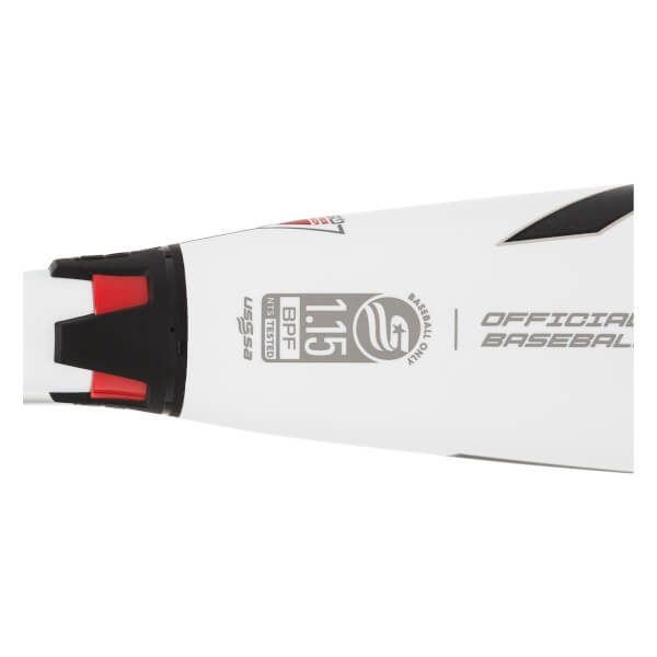 Side view of a white baseball bat with black and red accents, USSSA logo, and OFFICIAL BASEBALL text.