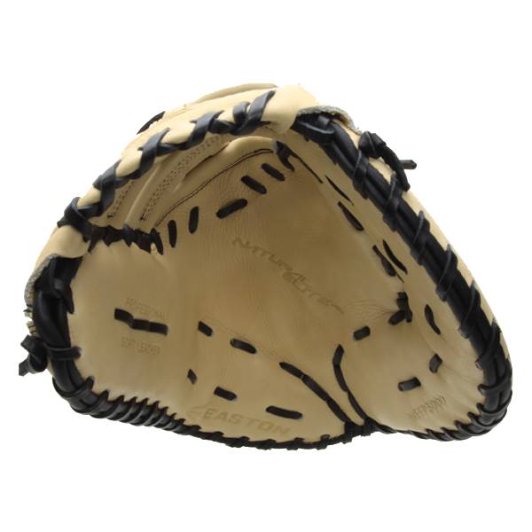 Top-down view of a tan Easton Natural Elite Fastpitch Series first base mitt with black lacing and PROFESSIONAL SOFT LEATHER text.