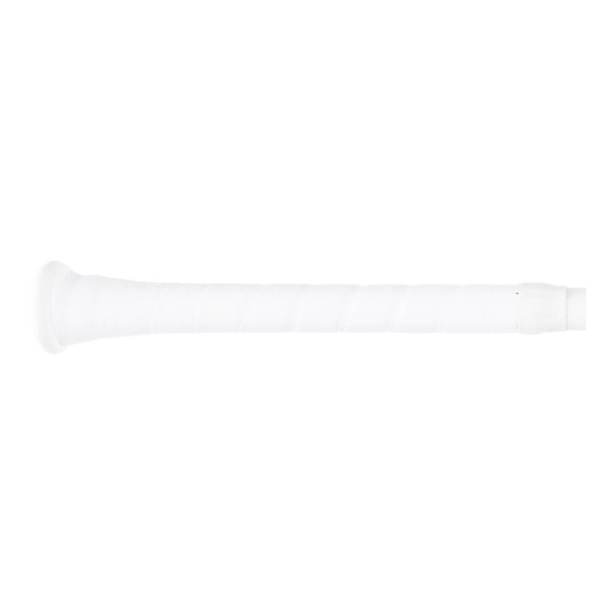 Side view of a white baseball bat with a white grip and a white end cap.