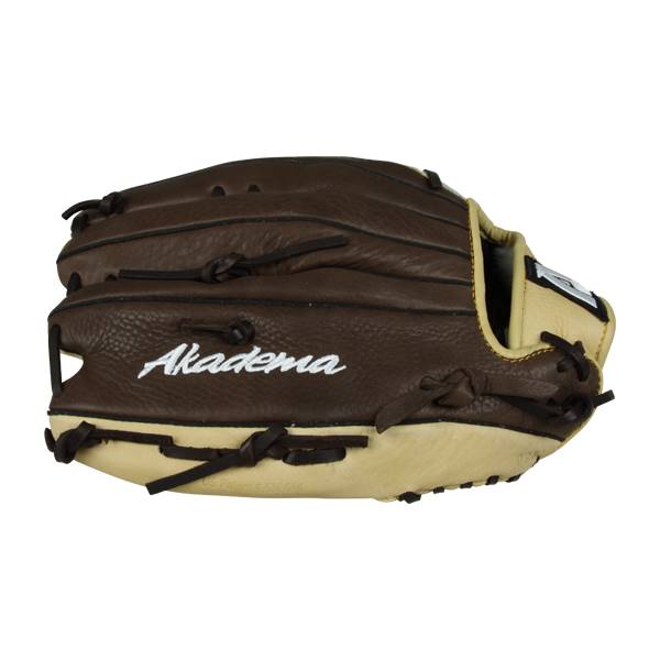 Side view of a brown baseball glove with tan accents and Akadema embroidered in white.