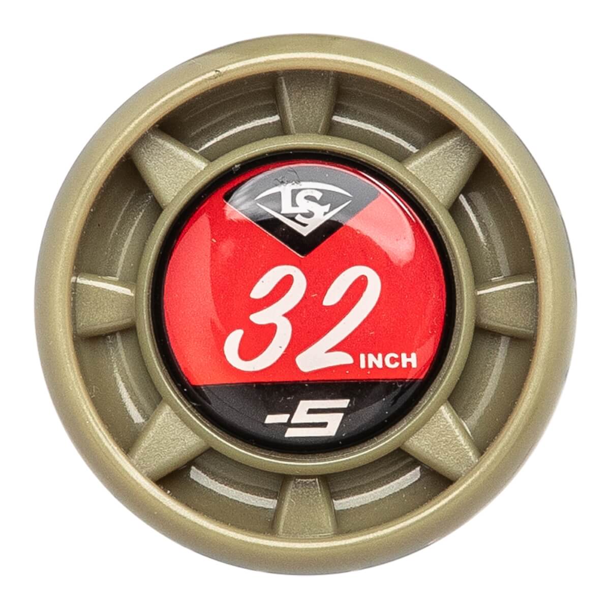 End view of a gold baseball bat with a red and black cap showing LS, 32, INCH, and -5.