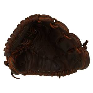 Top-down view of a brown leather baseball glove with visible lacing and a pocket.
