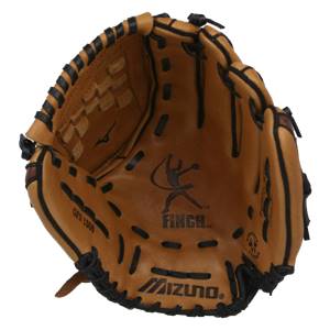 Top-down view of a brown Mizuno Finch fastpitch mitt with black lacing and GFN 1308 text.