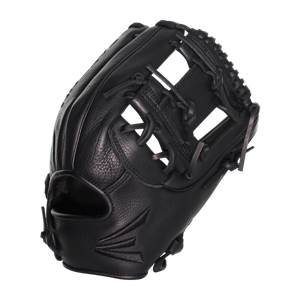 Side view of a black baseball glove with a webbed pocket and embossed Easton logo.