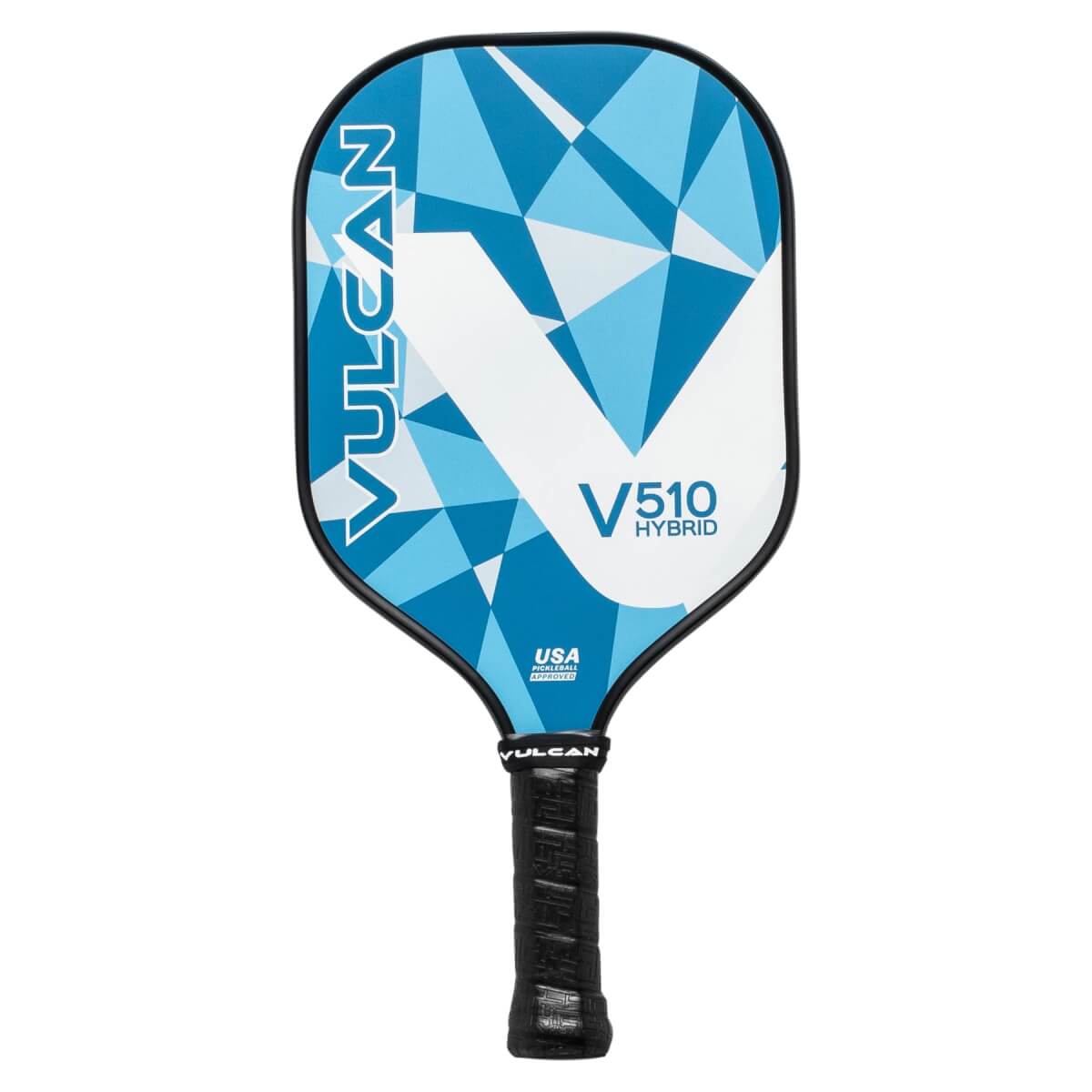 Front view of a blue and white pickleball paddle with VULCAN and V510 HYBRID text.