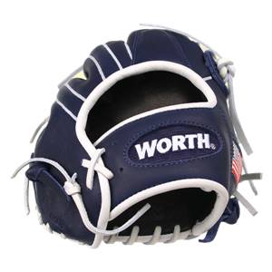 Front view of a navy blue baseball glove with white lacing and WORTH branding.