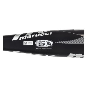 Side view of a black Marucci baseball bat with marucci logo, BPF 1.15, and USSSA stamp.