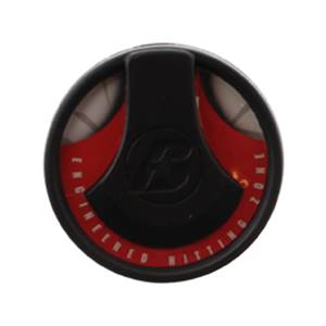 Top-down view of a black baseball bat end cap with red accents and ENGINEERED HITTING ZONE text.