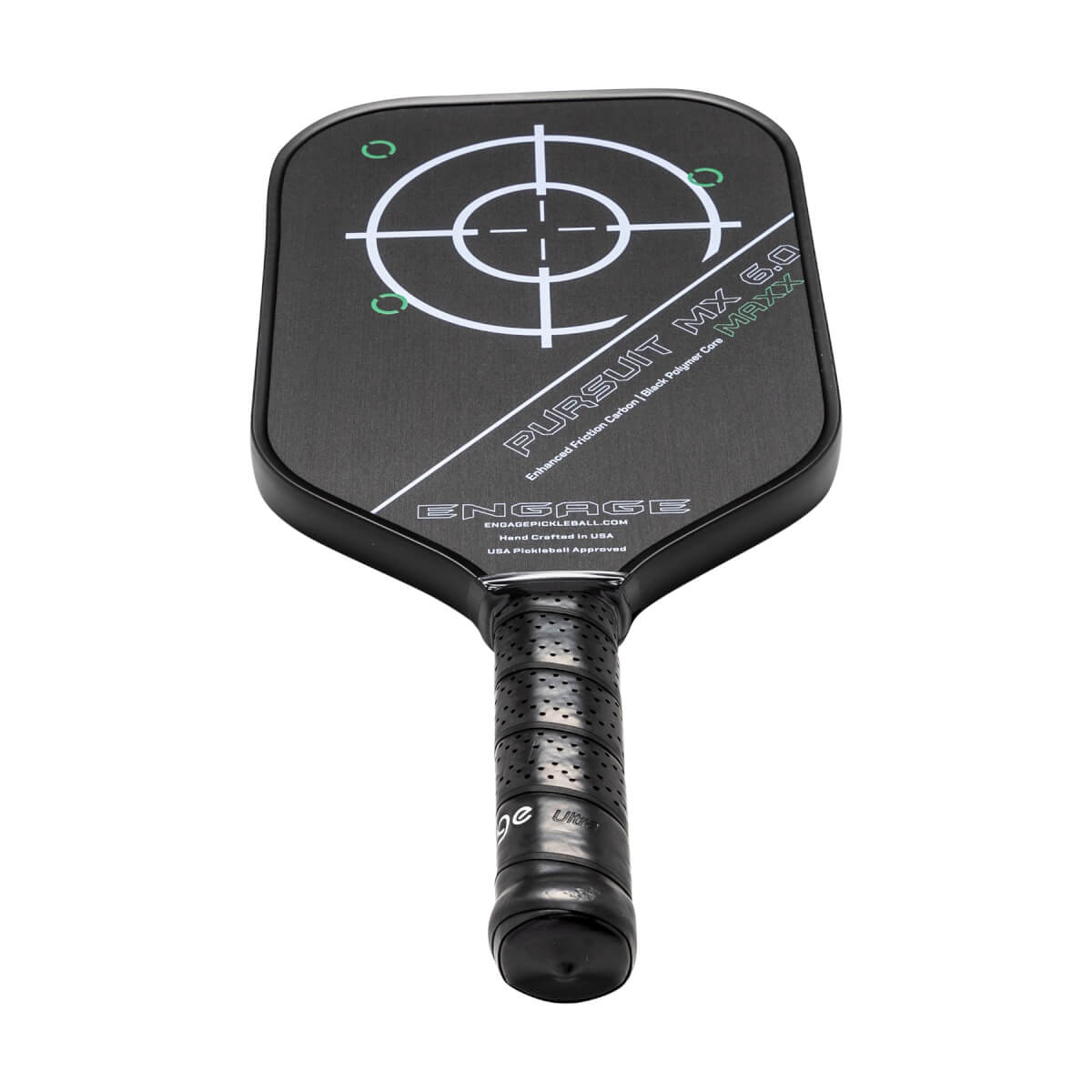 Top-down view of a black pickleball paddle with a target design, PURSUIT MX 6.0 text, and a perforated grip.