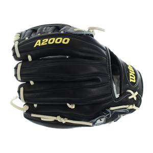 Side view of a black baseball glove with yellow A2000 text and white lacing.