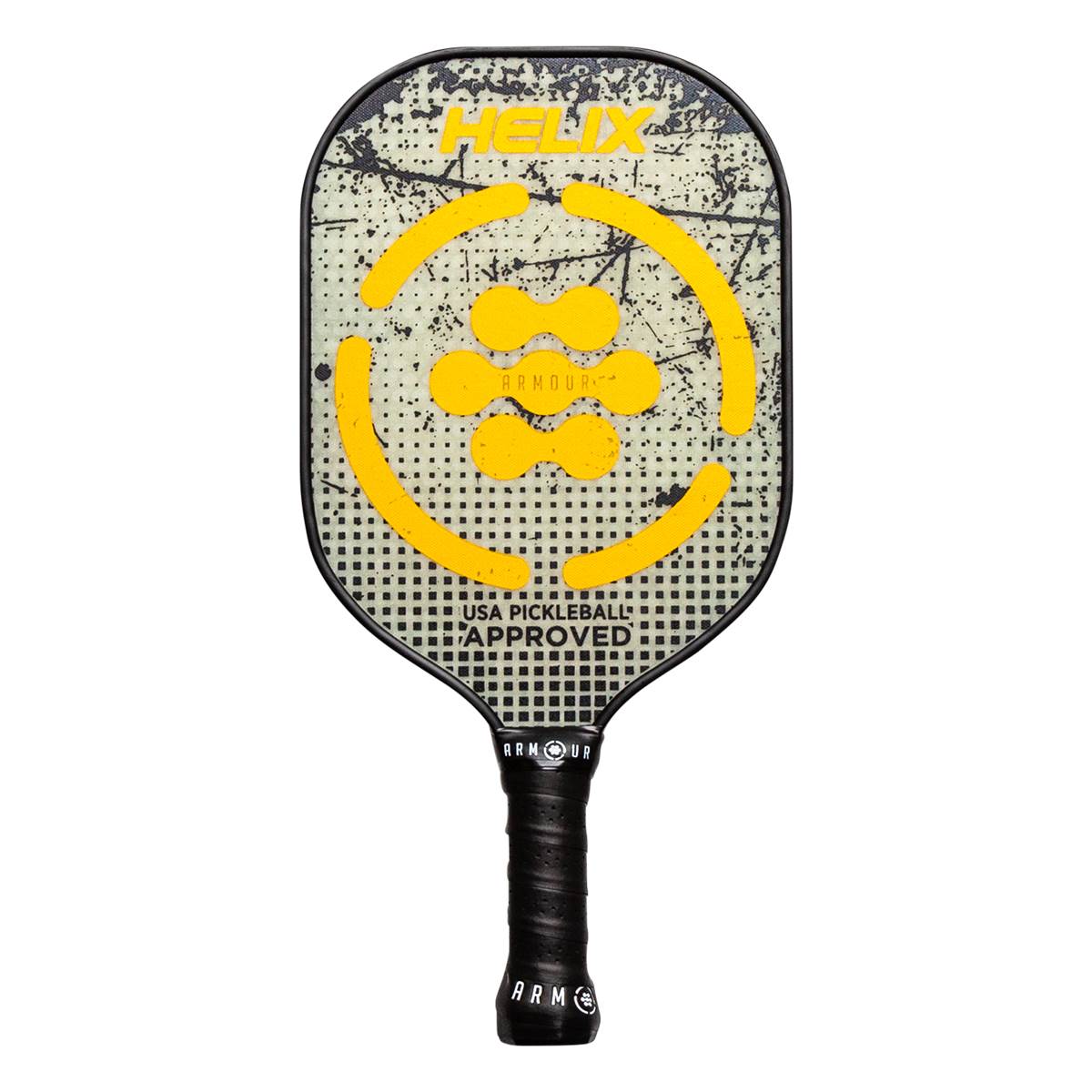 Front view of a black pickleball paddle with yellow HELIX branding, a yellow circular target, and USA PICKLEBALL APPROVED text.